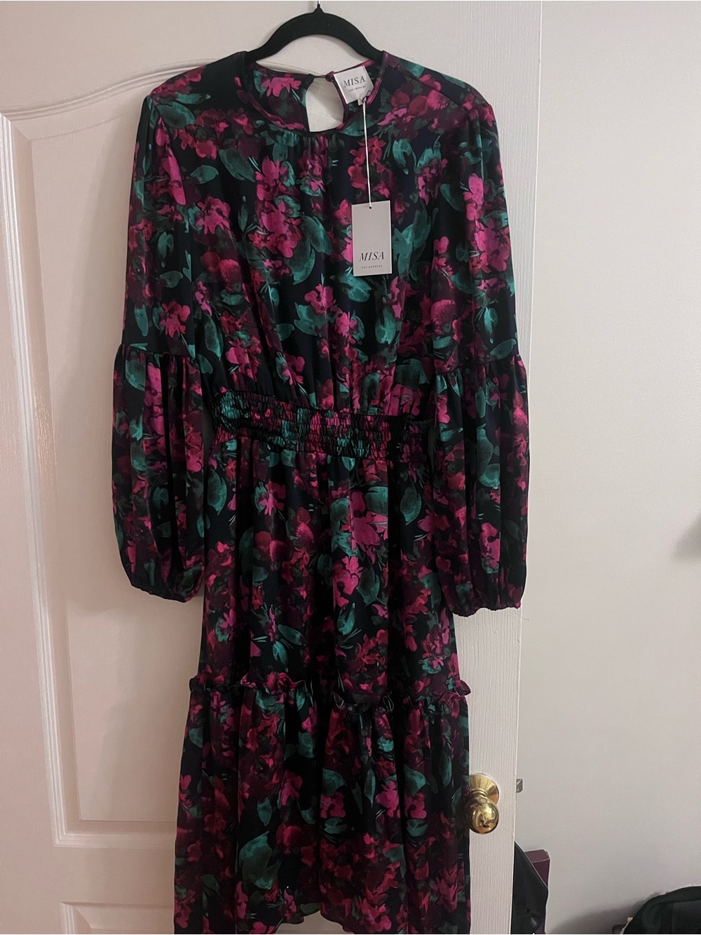 Misa Los Angeles Black Floral Long-Sleeve Midi Dress - Pink & Green